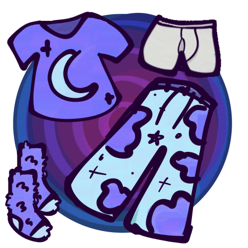 Pajamas in front of a swirling dark blue and purple circle. The pajamas are a purple shirt with a light blue graphic of a crescent moon and stars, long light blue comfy pants with a design of purple clouds and stars, a pair of purple and light blue fuzzy socks, and grey boxers.